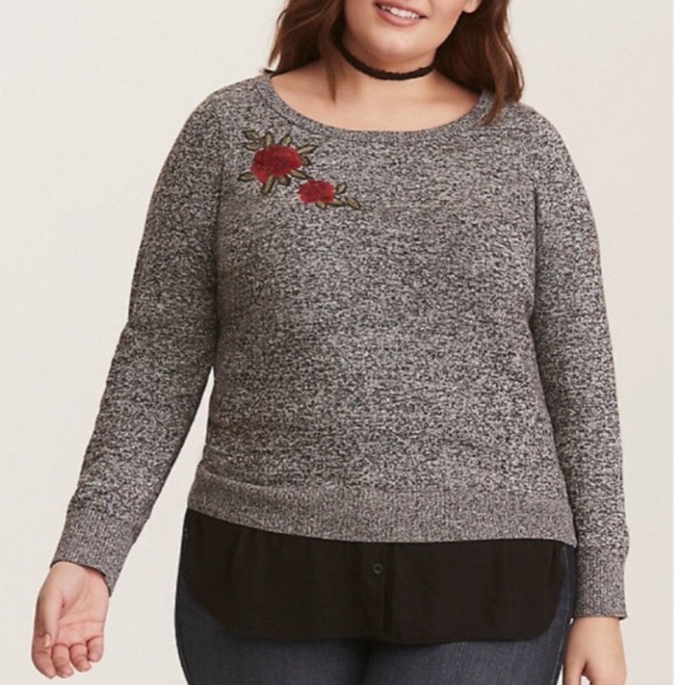 Torrid Gray Rose Black Sweater Top Shirt 1 1X